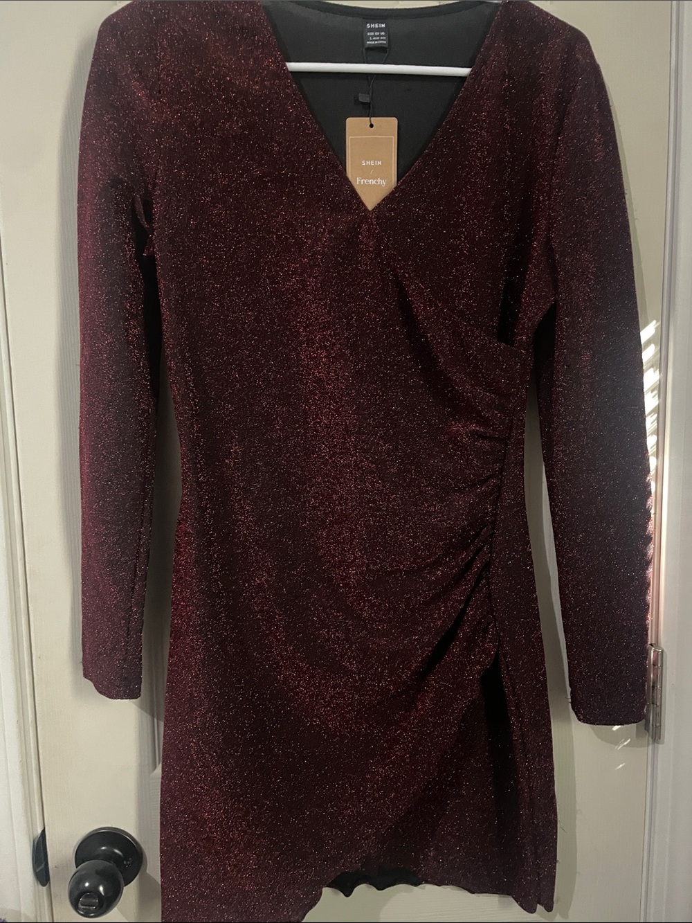 SHEIN Metallic Wrap-Style Wine Long Sleeve Dress